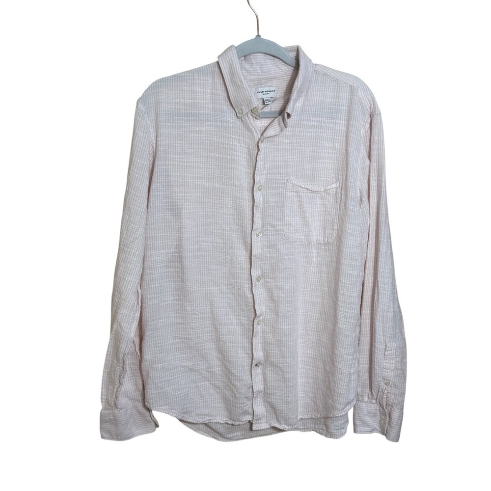 Club Monaco slim fit pink white seersucker stripe cotton XL button down shirt